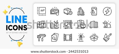 Square area, Lighthouse and Wholesale inventory line icons set for app include Square meter, Open door, New house outline thin icon. Open box, Paint roller, Delivery timer pictogram icon. Vector