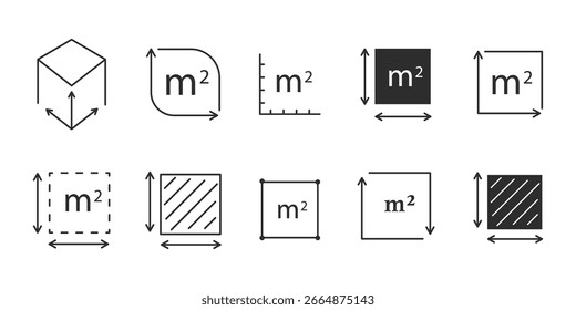 Square area measure line icon. Square foot ft size, space length, symbol. Quantity area, m2 measuring area. 