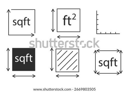 Square area measure line icon. Square foot ft size, space length, symbol. Quantity area, m2 measuring area. 