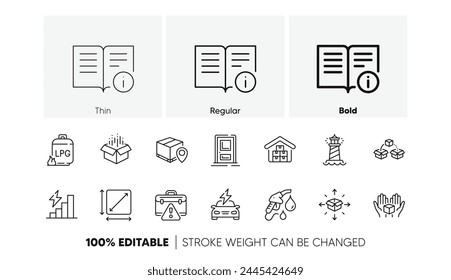 Área cuadrada, estación de gasolina e iconos de línea de productos al por mayor. Paquete de caja abierta, maletín de advertencia, icono de entrada. Seguimiento de paquetes, entrega de paquetes, pictograma del cilindro de gas. Carga del coche. Vector