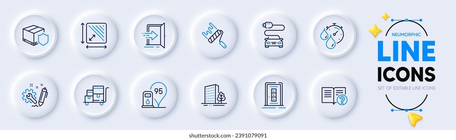 Iconos de área cuadrada, Timer y línea de edificios para la aplicación web. Seguro de paquete de entrega, Cargo de coche, íconos del pictograma de ayuda. Estación de gasolina, Ingeniería, carteles de rodillos de pintura. Puerta. Botones neumórficos. Vector