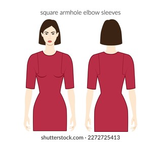 Square armhole clothes character beautiful lady in red top, shirt, dress technical fashion illustration with elbow length, fitted. Flat apparel template front, back sides. Women, men unisex CAD mockup