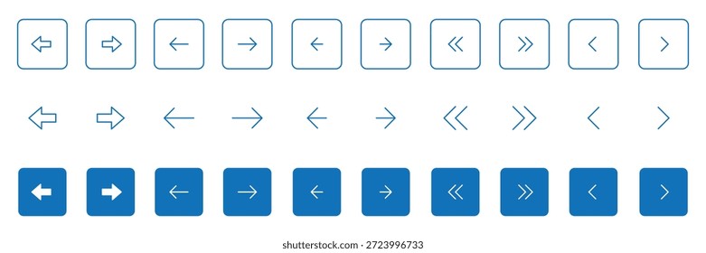 Conjunto de iconos de flecha cuadrada. Conjunto de iconos de Botones de flecha cuadrada azul. Símbolos de navegación del regulador de Sitio web. Botones redondeados siguientes y anteriores para App. Botones de flecha cuadrados azules aislados y símbolo de contorno.