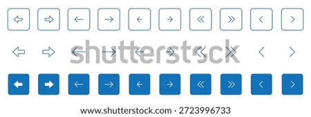 Square arrow icons set. Blue square arrow buttons icon set. Website slider navigation symbols. Next and previous rounded buttons for app. Blue square arrow buttons isolated and outline symbol.