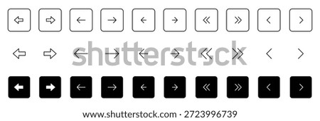 Square arrow icons set. Square arrow buttons icon set. Website slider navigation symbols. Next and previous rounded buttons for app. Black square arrow buttons isolated and outline vector illustration.