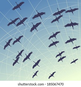 Ilustración de arte cuadrado rebaño de grúas contra el cielo azul de la mañana.