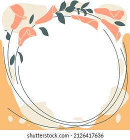 Square art template with cream calla flowers frame, floral and geometric elements. Abstract design for social media posts, decorative greeting card or invitation. Flat Art Vector Illustration