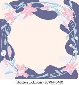 Square art template with flower frame, floral and geometric elements. Abstract design for social media posts, decorative greeting card or invitation. Flat Art Vector Illustration