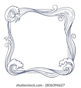 A square artistic border illustration featuring swirling ocean waves and water splashes in a hand drawn sketch style on a white background.
