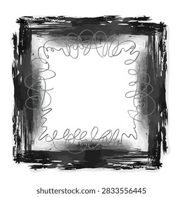 A square artistic frame featuring bold black painted brush strokes on the edges with intricate delicate white scribbles on the interior border
