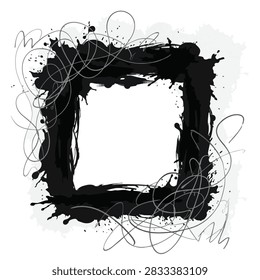 A square artistic frame featuring thick black paint strokes ink splashes and intricate hand drawn scribble lines on a white background