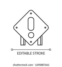 Square attention road sign pixel perfect linear icon. Roadworks construction warning. Thin line customizable illustration. Contour symbol. Vector isolated outline drawing. Editable stroke