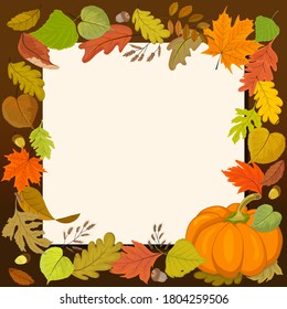 Square autumn banner with a blank sheet of paper in the center and a frame of autumn leaves and pumpkin.