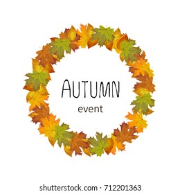 Square autumn banner composition on white background. Wreath of autumn leaves lined in a circle with place for text, isolated