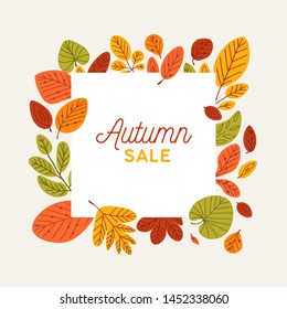 Square autumn banner template decorated by fallen tree leaves. Elegant frame made of dry foliage. Decorative natural flat cartoon vector illustration for seasonal sale promotion, advertisement.