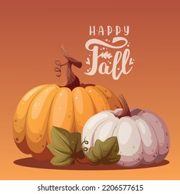 Tarjeta cuadrada de otoño con calabazas. Letras escritas a mano "Happy fall". Otoño, cosecha, concepto de día de acción de gracias. Ilustración vectorial. Tarjeta, portada, postal.