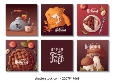 Square autumn cards with apple pie, kettle, autumn leaves, warm sweater, mushrooms. Autumn, harvest, thanksgiving day, fall concept. Vector illustration. Cards, postcards, posters.