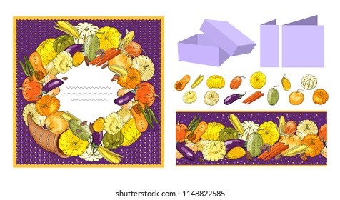 Square Autumn Pattern And Seamless Border Whith Cornucopia, Vegetables, Harvest. Autumn Elements For Design, Gift Boxes, Greeting Cards, Invitations, Posters.