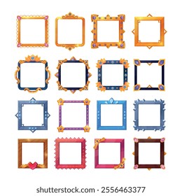 Square avatar frames. Fantasy game user avatar frame, gold silver metal stone wooden different material borders ui asset medieval elements cartoon set swanky vector illustration original artwork