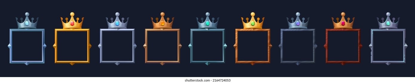 Square avatar frames with royal crowns, ui game medieval metal borders. Cartoon empty metallic bordering with fancy gemstones, isolated fantasy design elements, gui graphics, Vector illustration, set