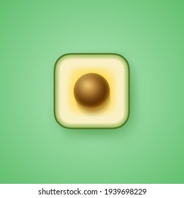 Square avocado icon on isolated green background. 3D cartoon illustration of exotic, tropical fruit. Organic natural healthy food concept. Vector template for vegetable, vegetarian, logo, mobile app.