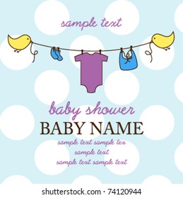 Square Baby Shower Invitation with Hovering Birds Holding a Clothesline