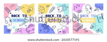 Square back to school banner with minimal icons, paper plane, backpack, doodle lightbulb and colorful blocks on grid background