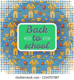Square back to school nameplate background in pop art style with dots an seamless pattern on fond vector illustration