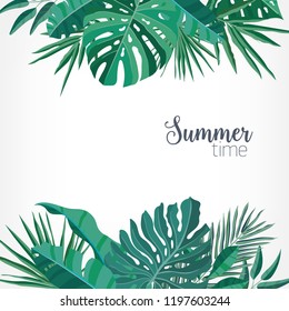 Square backdrop or background with green palm and monstera leaves or foliage of rainforest plants at top and bottom edges and place for text. Hawaiian colorful realistic vector illustration.