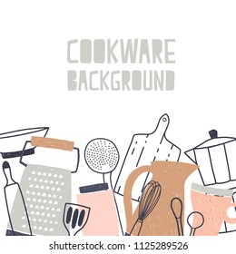 Square backdrop decorated with various kitchenware or cookware, kitchen utensils and tools for food preparation at bottom edge on white background. Hand drawn vector illustration in doodle style.