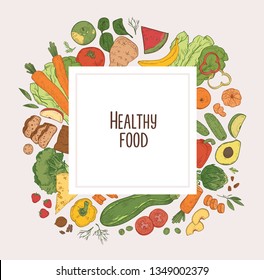 Square backdrop with frame consisted of fresh vegetables, fruits, berries and organic dietary products. Delicious eco wholesome food, tasty veggie healthy meals. Realistic vector illustration.