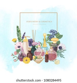 Square backdrop with perfume in glass bottles of various shapes and sizes, elegant flowering plants, frame and place for text on light background. Hand drawn vector illustration for fragrance promo
