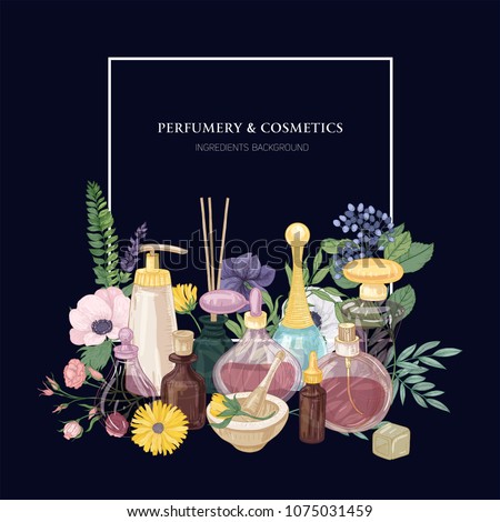 Square backdrop with perfume in glass decorative bottles of various shapes and sizes, gorgeous blooming flowers and place for text on dark blue background. Colorful realistic vector illustration
