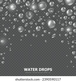 Square backdrop with rain droplet, 3d shiny dew, water blobs or aqua splashes, water texture closeup on transparent background. Template of banner with realistic macro pure water drops frame. 