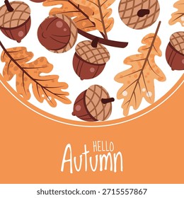 Square Background with Acorns and Oak Leaves in Flat Style for Autumn Greeting Cards, Thanksgiving Party Posters, Social Media Banners, Product Packaging Labels, Website Decor and Holiday Branding