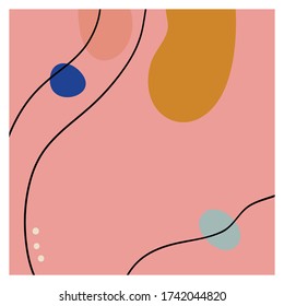 Fondo cuadrado con líneas negras y formas abstractas de color ovalado. Dibujaron a mano varias formas y objetos de garabatos. Ilustración vectorial moderna. Delicados colores pastel.Ilustración de material.Espacio de copia