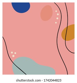 Fondo cuadrado con líneas negras y formas abstractas de color ovalado. Dibujaron a mano varias formas y objetos de garabatos. Ilustración vectorial moderna. Delicados colores pastel.Ilustración de material.Espacio de copia