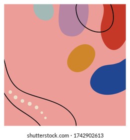 Fondo cuadrado con líneas negras y formas abstractas de color ovalado. Dibujaron a mano varias formas y objetos de garabatos. Ilustración vectorial moderna. Delicados colores pastel.Ilustración de material.Espacio de copia