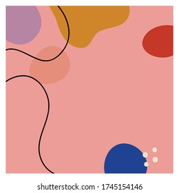 Square background with black line and abstract oval color shapes. Hand drawn various shapes and doodle objects. Modern trendy vector illustration. Delicate pastel colors.Stock illustration.Copy space