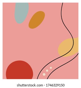 Square background with black line and abstract oval color shapes. Hand drawn various shapes and doodle objects. Modern trendy vector illustration. Delicate pastel colors.Stock illustration.Copy space