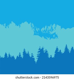 Square background in blue tones, silhouettes of fir trees, mountains, sky. Suitable for social media posting and online advertising