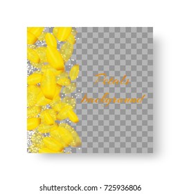 Square background for brochure in a romantic style with soaring petals of yellow crocuses on a transparent background