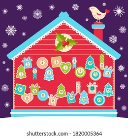 Viereckiger Hintergrund mit Weihnachtskalender mit Cartoon-Vogel, Haus und Etiketten im Retro-Stil. Set von Winterurlaub Weihnachten Tags mit Zahlen. Vektorgrafik-EPS8