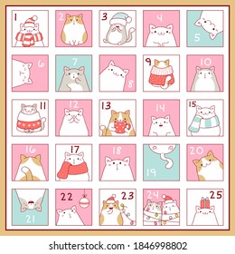 Square background with Christmas advent calendar with cute cartoon cats. Set of winter holiday xmas tags with numbers. Vector EPS8