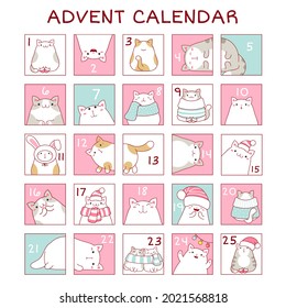 Fondo cuadrado con calendario de anticipo de Navidad con lindos gatos de dibujos animados. Juego de etiquetas de navidad de invierno con números. EPS vectorial8
