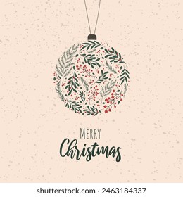 Square background for Christmas, New Year greetings on beige background with abstract Christmas tree toy with botanical print. Vector