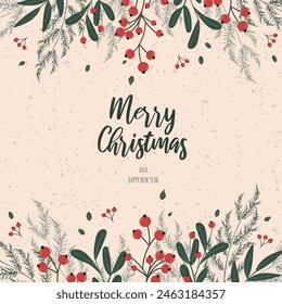 Square background for Christmas, New Year greetings on beige background with botanical frame. Vector
