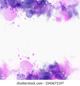 Square background with colorful watercolor imitation splash blots frame. Template for your designs. Purple and pink colored.