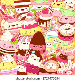 Square background with cute sweet desserts in kawaii style with smiling face and pink cheeks. Ice cream, cake, sundae kids, cupcake, donuts. Vector EPS8