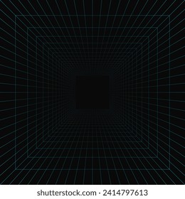 Square background dark hallway wireframe perspective. Grid room in perspective